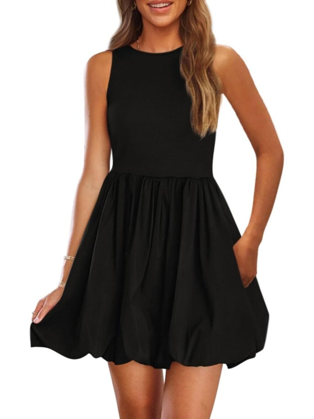 Women's Black Casual Sleeveless Tank Mini Short Dress Crew Neck Bubble Sundress